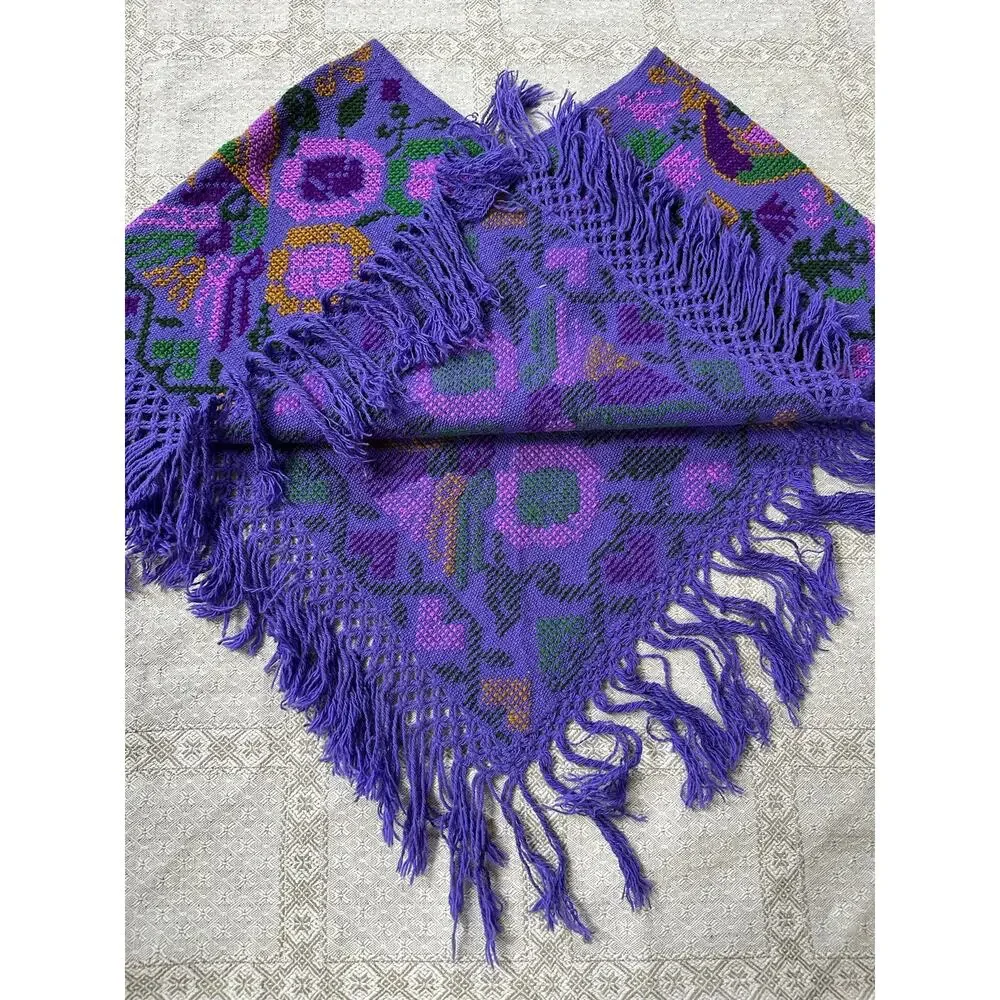 Mexican Mañanita embroidered poncho purple bird floral primitive folk fringed